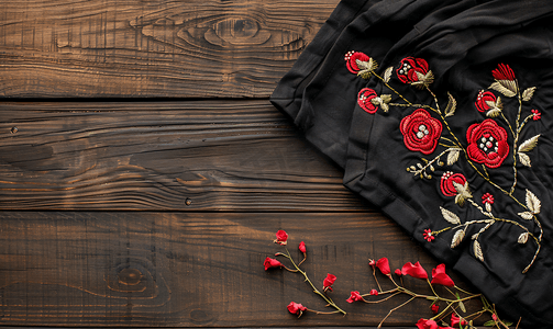 深色翻盖布和木质纹理上的刺绣玫瑰和小枝