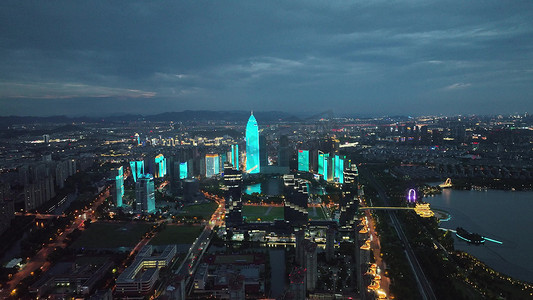 航拍绍兴市城市夜景世茂广场绍兴天际线实拍