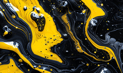 噪音纹理摄影照片_黑色和黄色油漆大理石效果背景或纹理流体艺术的流动