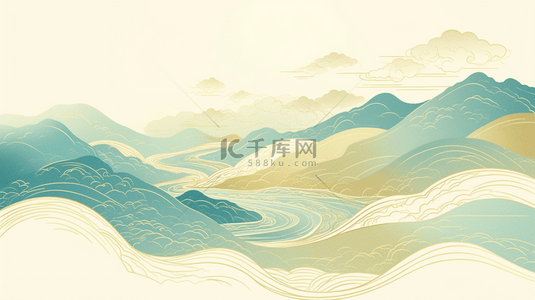 中古风画卷背景图片国潮风轻奢手绘线条水墨山水背景