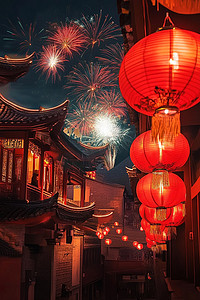 摄影图元宵节灯笼烟花高清照片