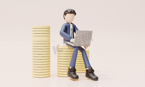 3D商务男提手提包-坐在一堆金币使用笔记本电脑