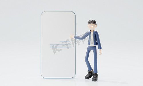 3D站在手机前商务男伸手介绍