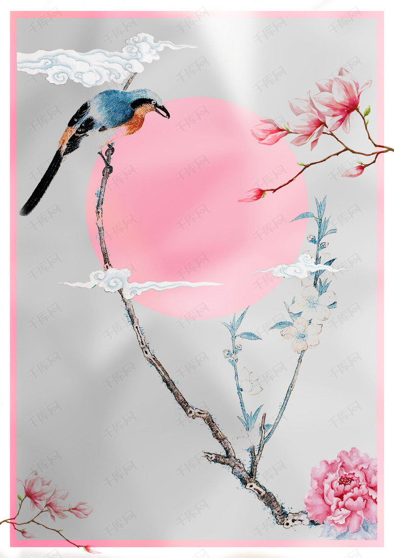 传统古风手绘花朵飞鸟背景素材背景图片免费下
