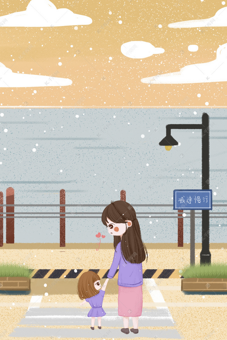 冬日过马路的母女插画风出行海报