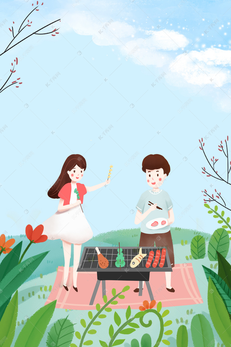 小清新简约五一假期出游烧烤野餐海报背景