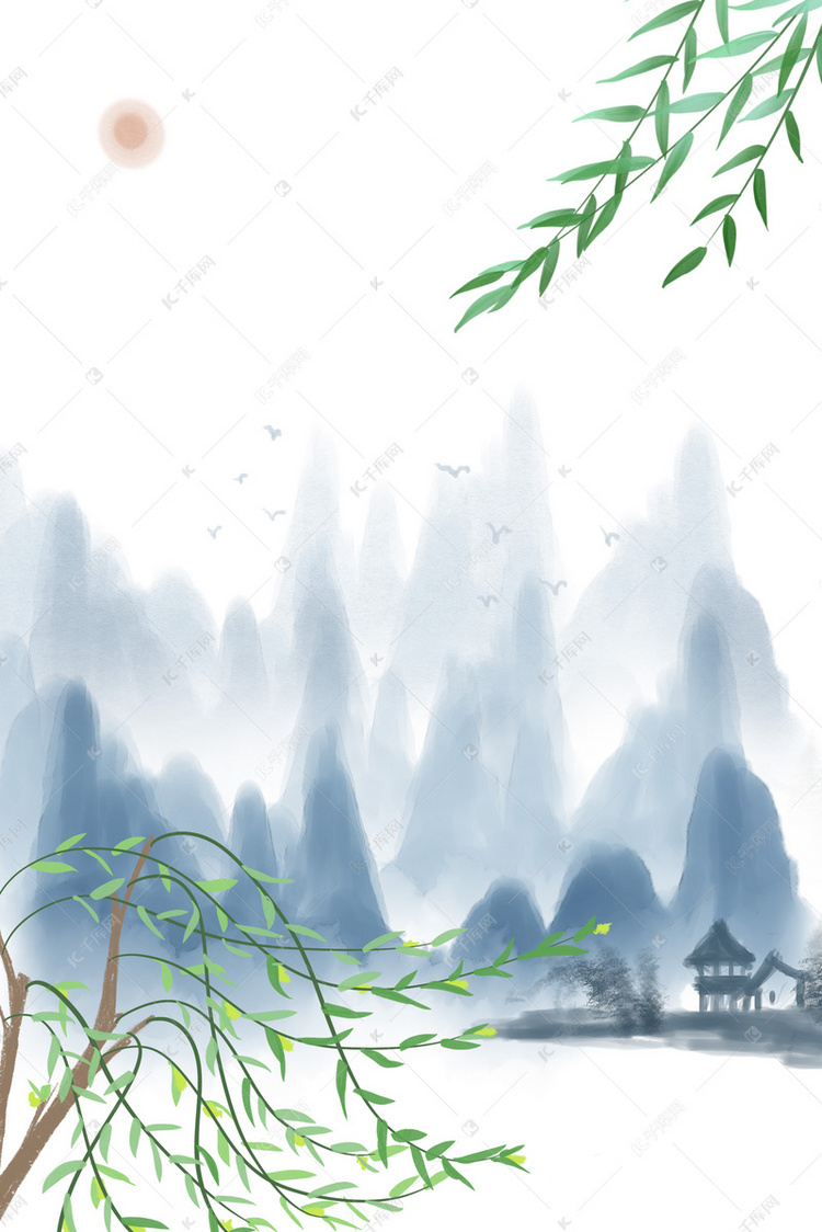 中国风水墨画清明节踏青h5海报背景下载