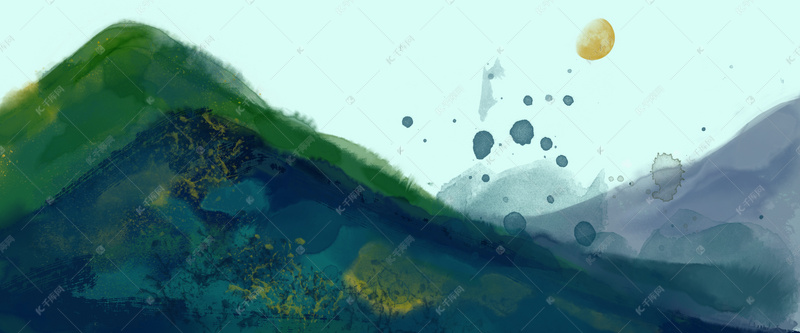 水墨风水彩风中国风蓝绿系水墨山水风景电商