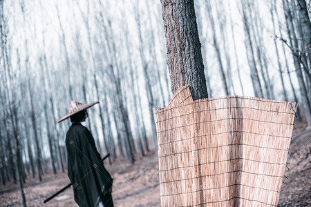 冬季树林里拿剑女侠客背影摄影图