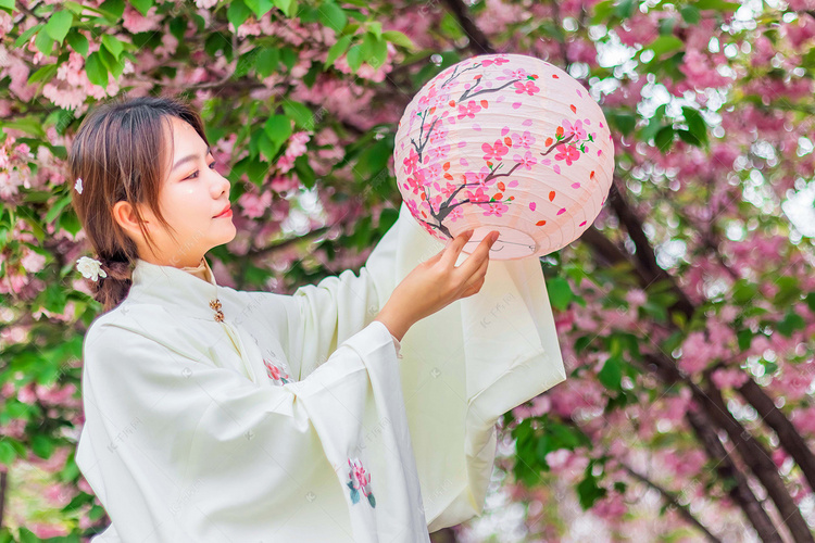 古风上午美女灯笼户外观赏摄影图配图