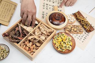老中医早上草药室内抓药摄影图配图