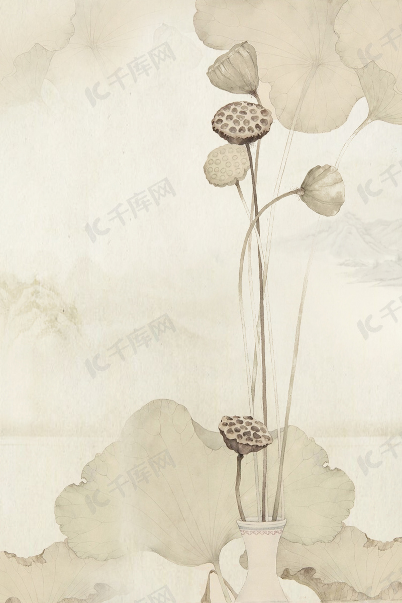古典复古中国风工笔画荷塘山水背景海报