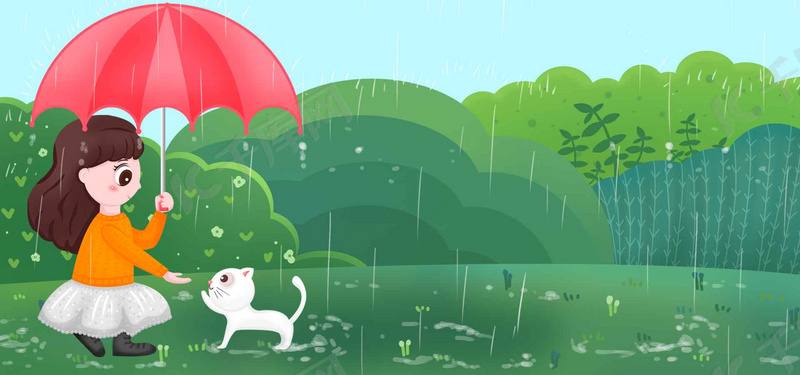 谷雨节气可爱小女孩给猫遮雨卡通背景图片免费下载 海报banner Psd 千库网 图片编号