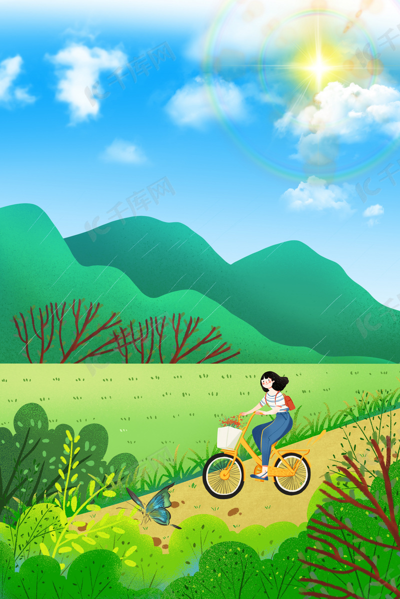 简约风骑行在乡间的小路上背景图片免费下载 海报banner Psd 千库网 图片编号
