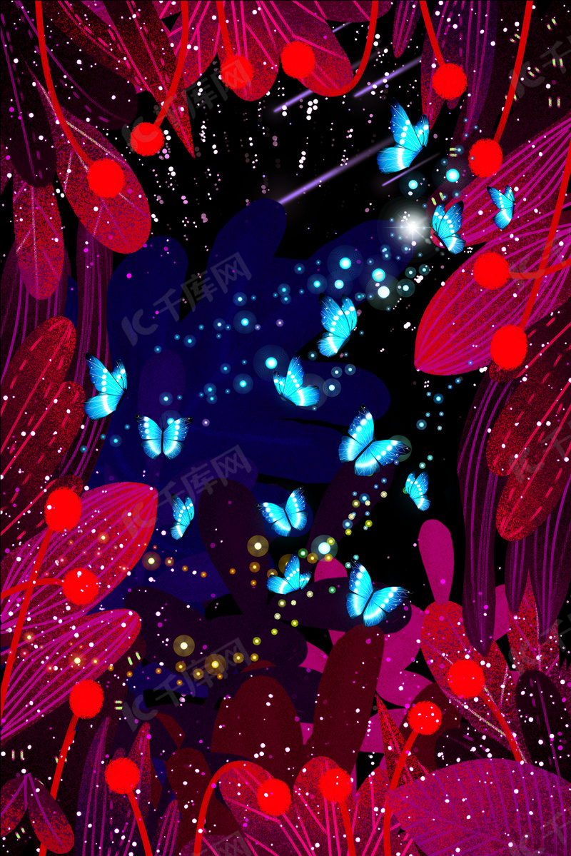 梦幻蝴蝶树叶玫红色背景素材背景图片免费下载-千库网