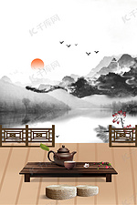 古风清新山水红日飞鸟荷花围栏春茶节背景图
