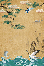工笔画古典中国画中国风松树枝屋檐鸟类江河