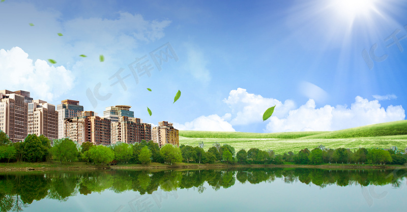 简约清新绿色城市创意背景合成背景图片免费下载 海报banner Psd 千库网 图片编号