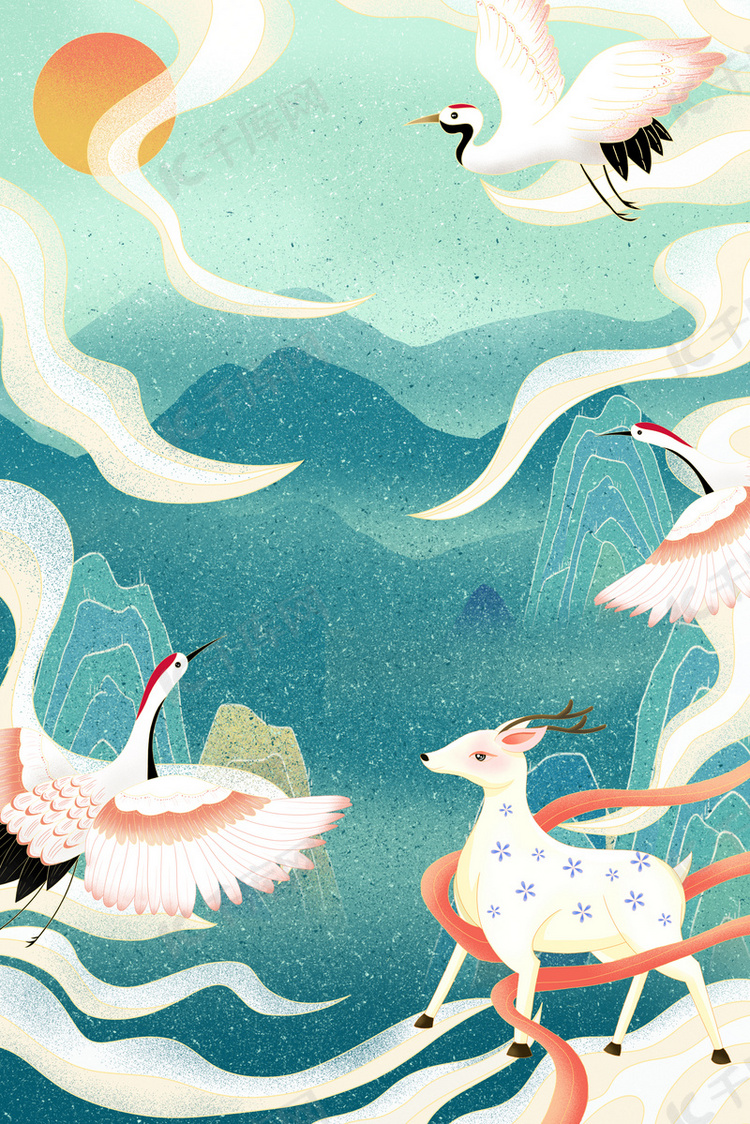 中国风国潮风古风祥云仙鹤远山绿色广告背景