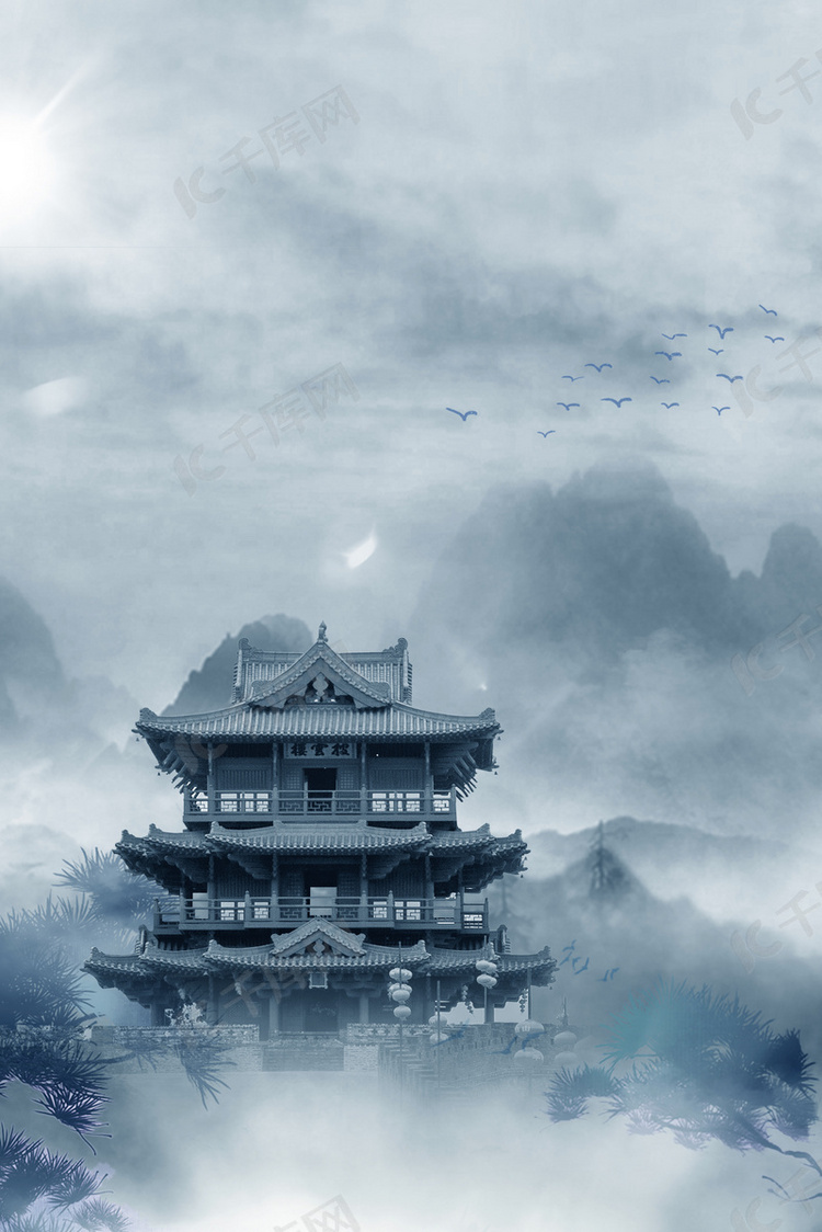 创意水墨古代建筑中式背景合成背景图片免费下载-千库网