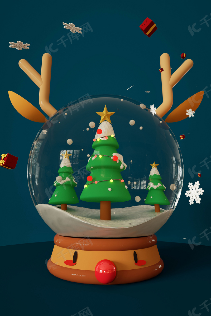 C4D圣诞节麋鹿水晶球可爱场景
