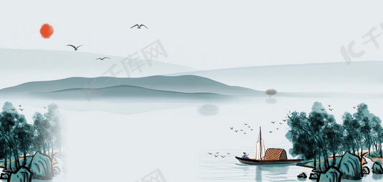 中国风山水灰蓝色中国风船