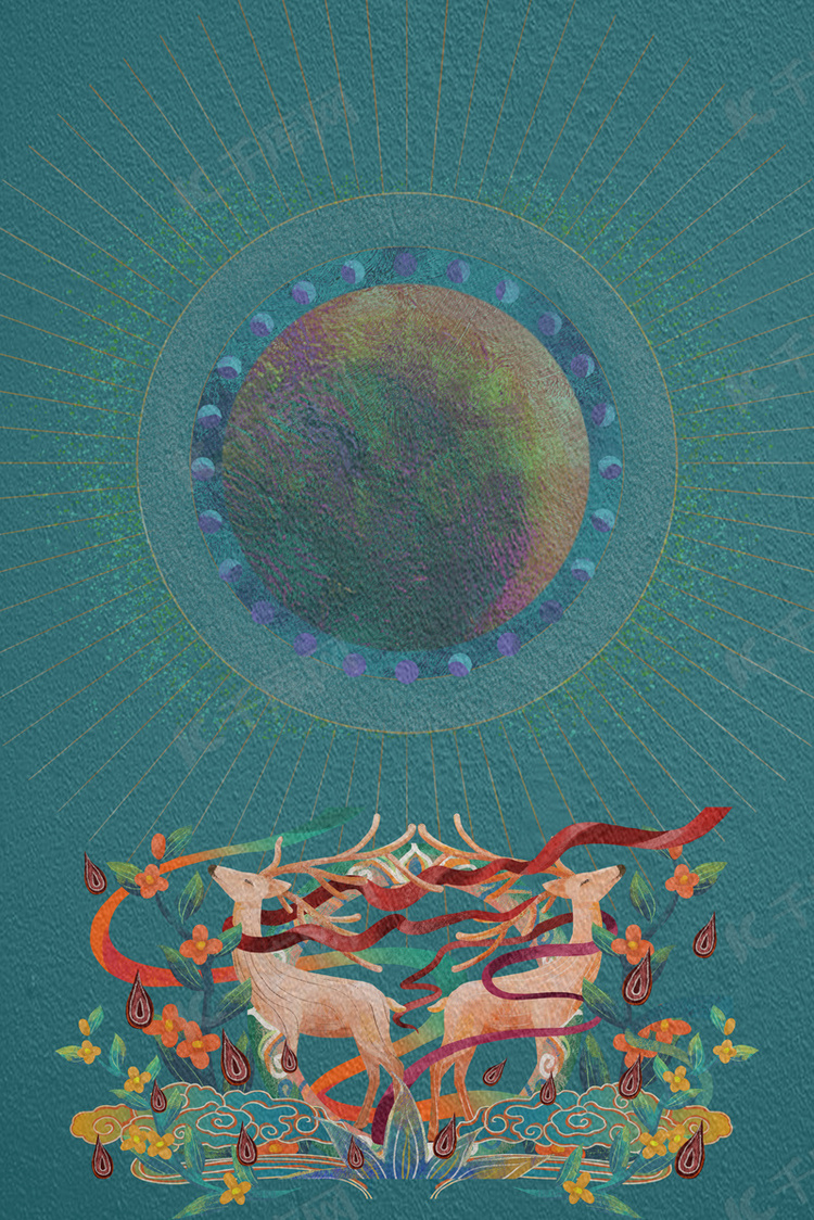 敦煌飞天仙鹿深绿色背景