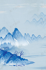 古风山水远山蓝色中国风山水图