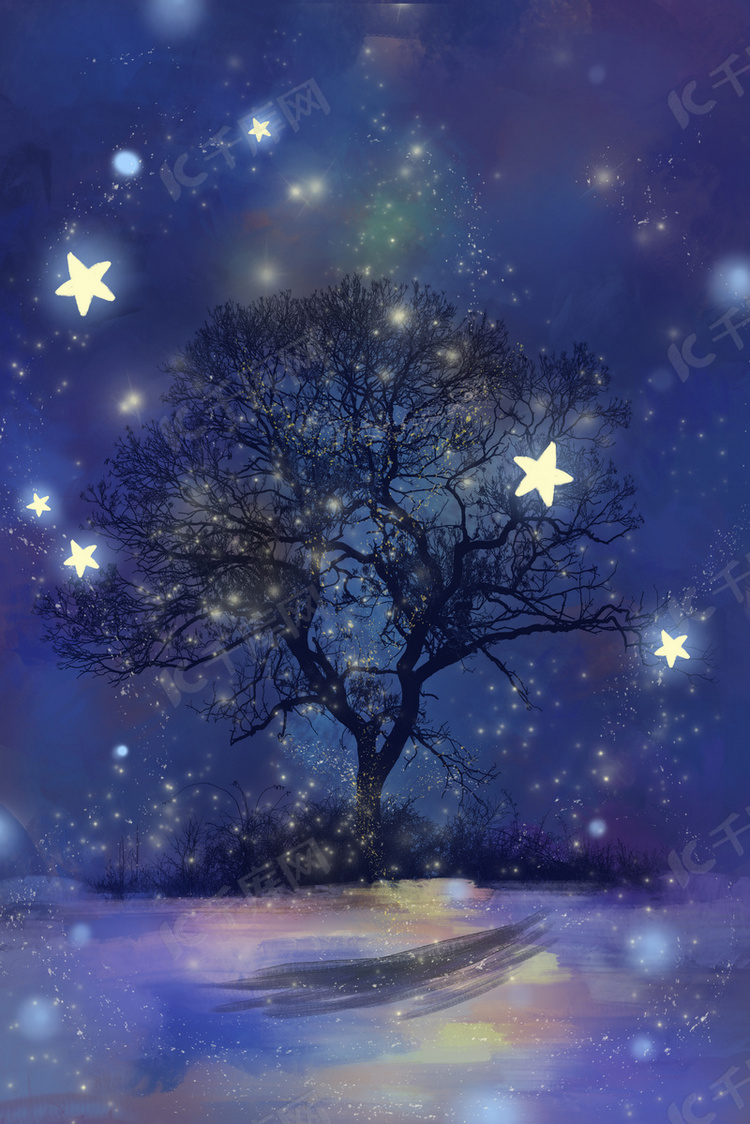 唯美梦幻星空树木背景图