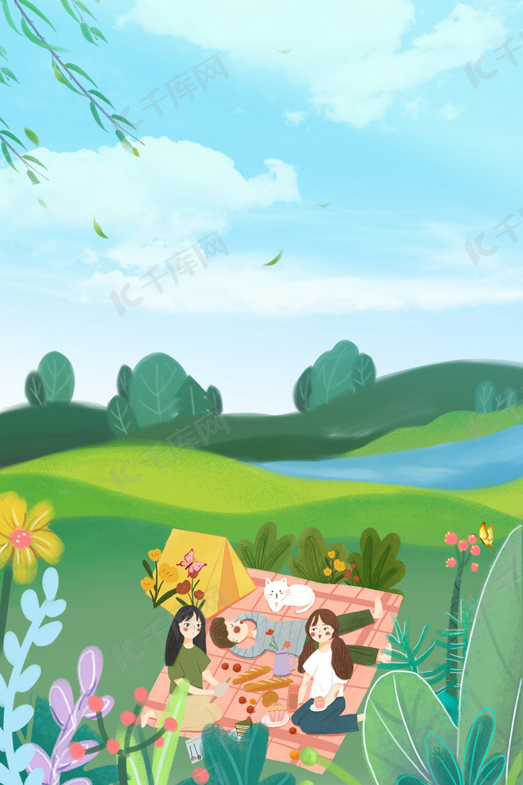 春天 花草绿色 卡通野餐