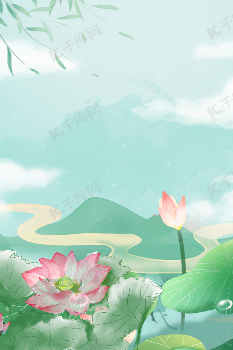 小暑/大暑荷花绿色清新背景图片免费下载-千库网