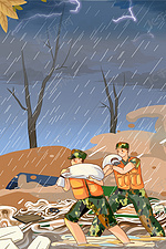 河南加油暴雨抗洪救灾士兵洪水卡通手绘背景