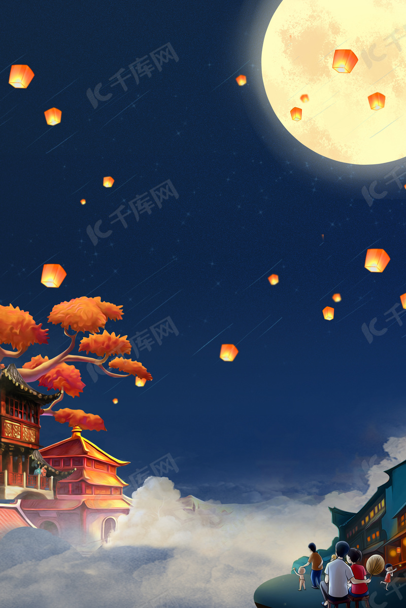 中秋节月亮复古建筑背景