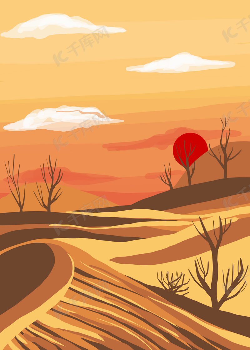 落日黄色沙漠枯树背景图片免费下载 海报banner Psd 千库网 图片编号