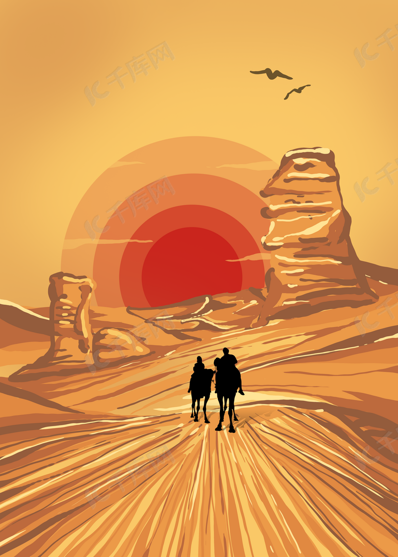 夕阳飞鸟沙漠骆驼背景图片免费下载 海报banner Psd 千库网 图片编号