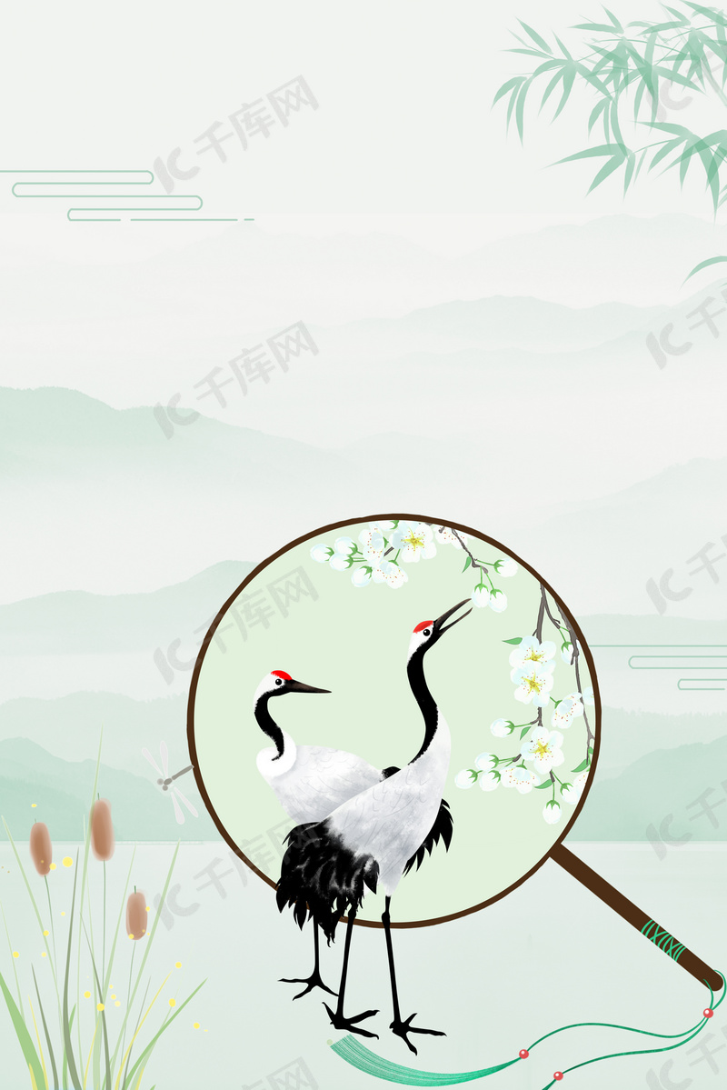 白露古典圆扇淡青色仙鹤背景图片免费下载 海报banner Psd 千库网 图片编号