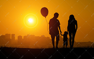 一家三口家人日落温馨家庭剪影合成