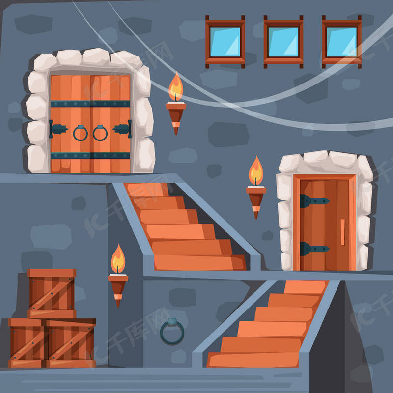 城堡地下室古代监狱入口黑暗地窖内部有门和楼梯石矢量平面图片背景图片免费下载 海报banner Psd 千库网 图片编号