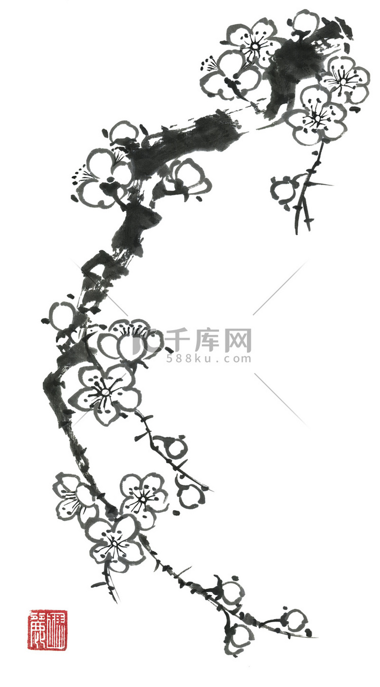 盛开的樱花的分支。梅花梅和野生樱桃的轮廓花。水彩和墨示的树的风格sumi e 去华 u 辛。东方传统绘画 高清摄影大图 千库网