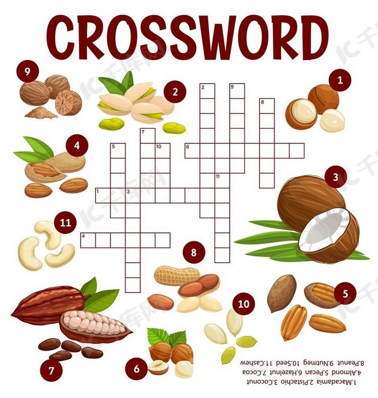 卡通坚果和豆类填字游戏工作表，查找单词问答游戏。背景图片免费下载 海报banner/高清大图 千库网(图片编号6218813)