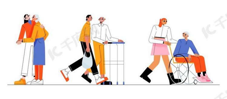 志愿者帮助老年人行走、购物、乘坐轮椅卡通平面插图集。背景图片免费下载_海报banner/高清大图_千库网(图片编号6205128)