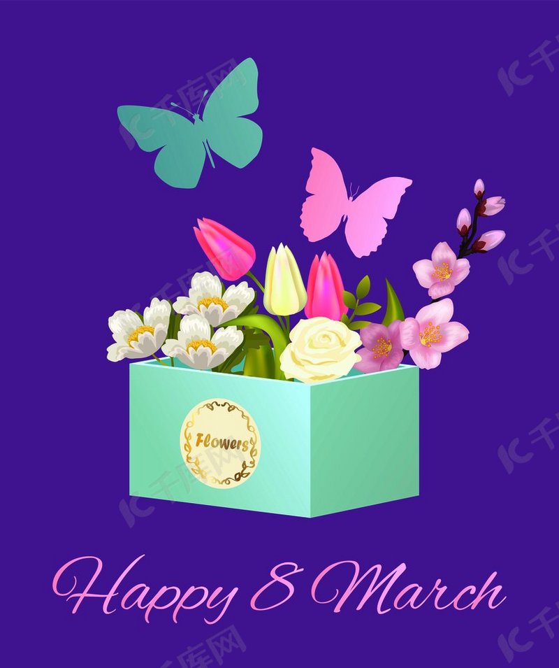 3 月8 日快乐 带盒子的海报 满是鲜花 花束和蝴蝶 飞出它 紫色背景上孤立的矢量插图 背景图片免费下载 海报banner 高清大图 千库网 图片编号