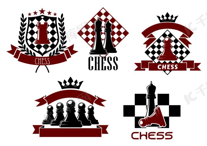 国际象棋游戏运动标志设计,棋盘上有国王、王后、车和棋子,辅以纹章盾牌、花圈、红丝带横幅、星星和皇冠。背景图片免费下载_海报banner/高清大 ...