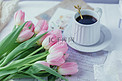 郁金香花束咖啡杯摄影图