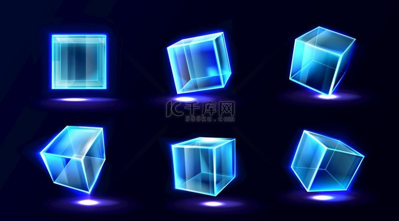 塑料或玻璃立方体在不同角度下用霓虹灯发光，透明方盒，水晶块，水族馆或展览台，孤立的光滑几何物体，逼真的 3d 矢量插图。