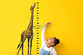 惊讶的非洲裔美国女孩测量高度接近彩色墙与绘制长颈鹿