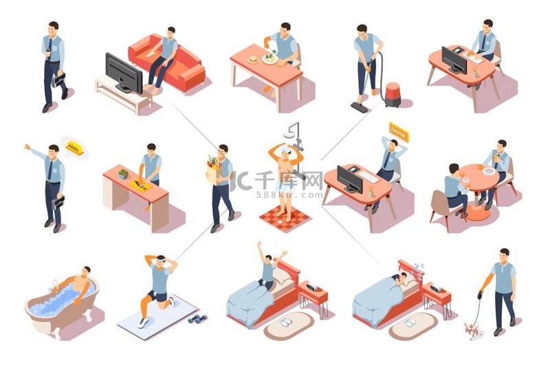 等轴测图标设置与男子在上午下午晚上的日常生活3隔离矢量图背景图片免费下载_/高清大图_千库网(图片编号6252982)