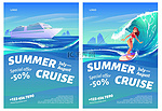 夏季游轮海报与船和冲浪女孩