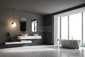站在高处高清背景图片_浴室角落里有深灰色的墙壁, 一个双水槽站在白色的台面上, 两个垂直的镜子挂在上面。一层水泥地板。3d 渲染模拟