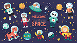 太空动物可爱的卡通时尚婴儿动物角色在太空服，一套科学的孩子在宇宙。矢量平面涂鸦背景